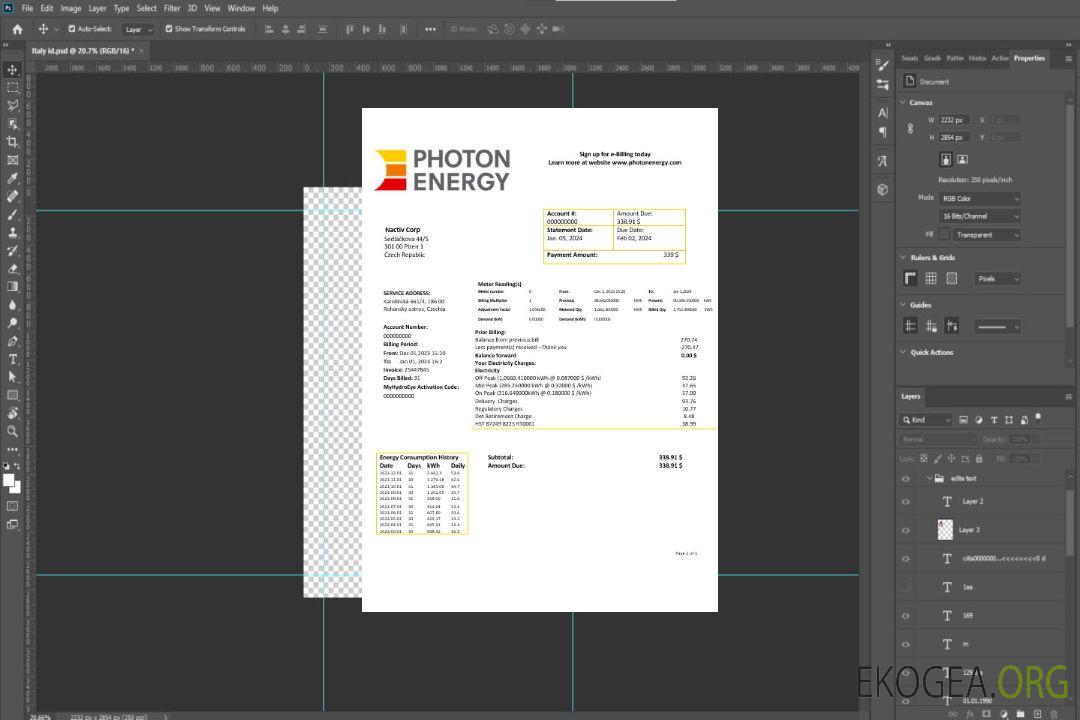 Modèle de facture de services publics pour les entreprises Photon Energy de République tchèque aux formats Word et PDF template